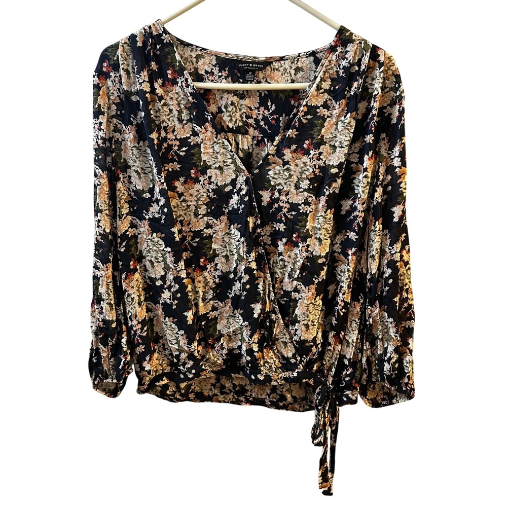 Lucky Brand Floral Wrap Blouse Navy Blue Long Sleeve V-Neck Tie Waist Top Medium
